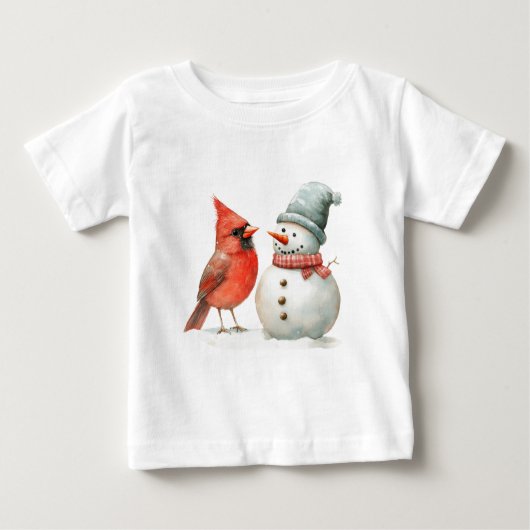 Cute Snowman with Bird Winter Christmas Scene ベビーTシャツ (正面)