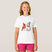 Cute Snowman with Bird Winter Christmas Scene Tシャツ (正面フル)