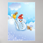 Cute Snowman with Christmas Robins ポスター<br><div class="desc">Cute snowman with red hat holding a broom with two winter Robin birds looking at him. Makes a great xmas christmas gift for anybody young or old</div>