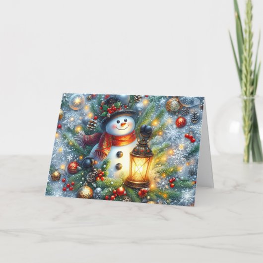 Cute Snowman with Lantern Christmas Holiday Card シーズンカード (正面)