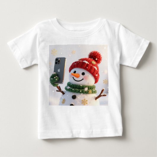 Cute Snowman with Phone Christmas Design ベビーTシャツ (正面)