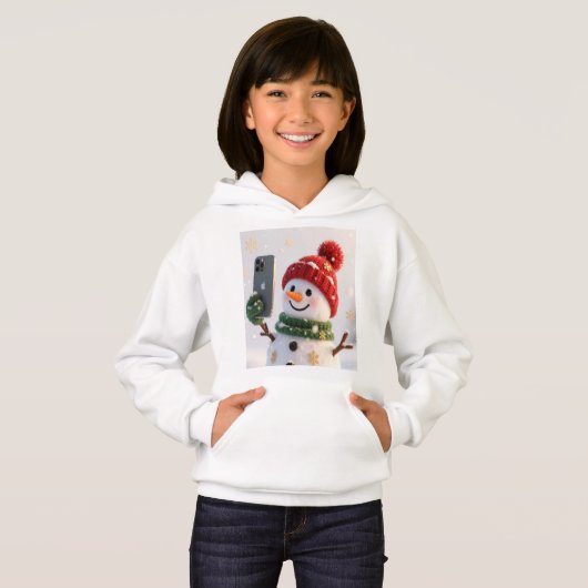 Cute Snowman With Phone Kids Hoodie (正面フル)