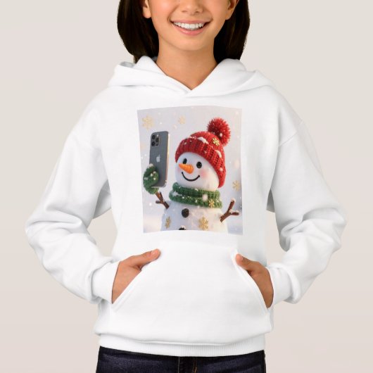 Cute Snowman With Phone Kids Hoodie (正面)