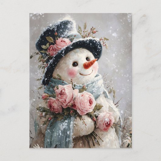 Cute Snowman with Pink Roses ポストカード (正面)
