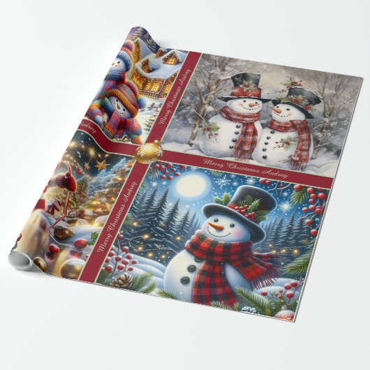 Cute Snowmen Christmas Wrapping Paper with Text ラッピングペーパー (アンロールド)