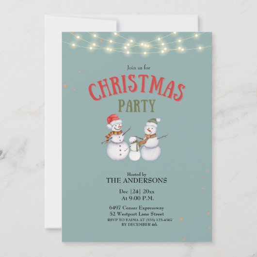 Cute Snowmen Family Christmas Party invitation  招待状 (正面)