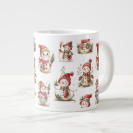 Cute snowmen with Santa hats and holly ジャンボコーヒーマグカップ