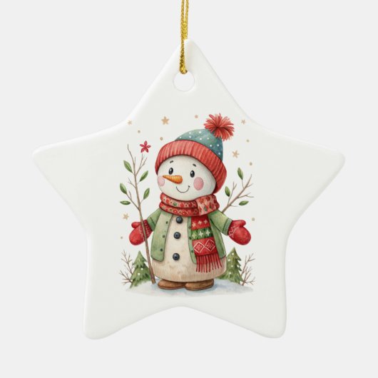 Cute snowmen with Santa hats and holly セラミックオーナメント (正面)