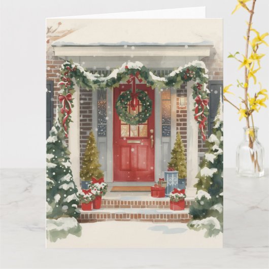 Cute Snowy Christmas Porch  カード (黄色い花)