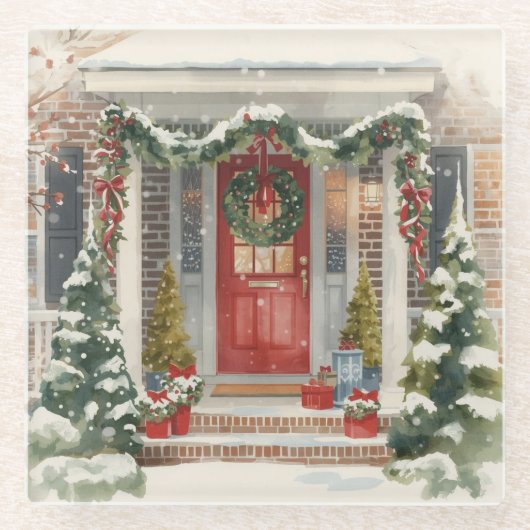 Cute Snowy Christmas Porch  ガラスコースター (正面)