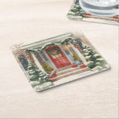Cute Snowy Christmas Porch  スクエアペーパーコースター (アングル)