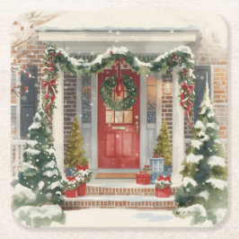 Cute Snowy Christmas Porch  スクエアペーパーコースター