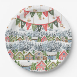 Cute Snowy Christmas Village ペーパープレート