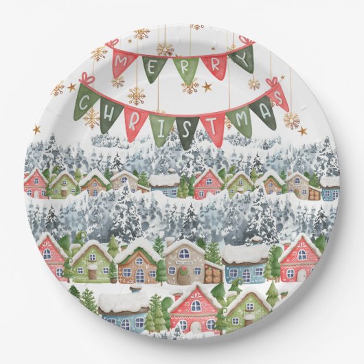 Cute Snowy Christmas Village ペーパープレート (正面)