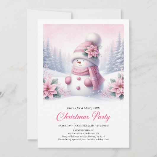 Cute Snowy Forest Pink Snowman Kids Invite Digital 招待状 (正面)