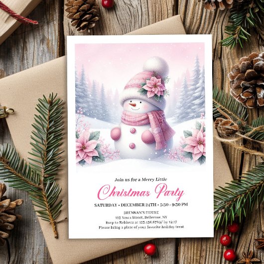 Cute Snowy Forest Pink Snowman Kids Invite Digital 招待状