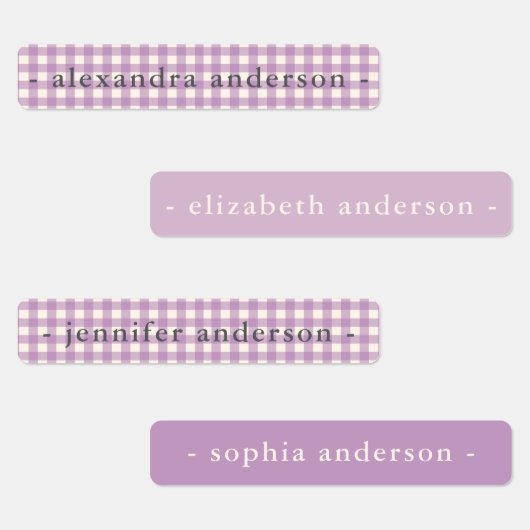 Cute Soft Purple Gingham Kids Waterproof Name ラベル (グループ)