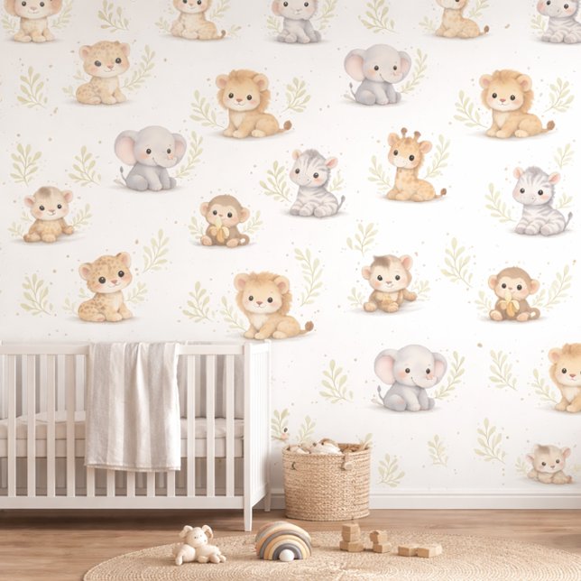 Cute Soft Watercolor Safari Animals Baby Room 壁紙 (クリエイターアップロード済み)