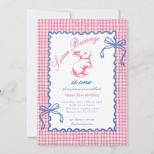 Cute Some Bunny Is One Bow Gingham 1st Birthday  招待状 (正面)