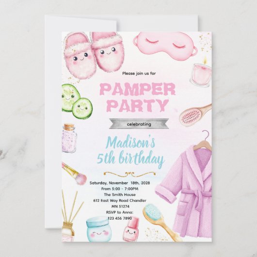 Cute spa pamper slumber party invitation 招待状 (正面)