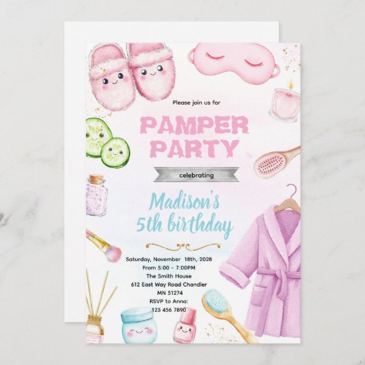 Cute spa pamper slumber party invitation 招待状 (正面/裏面)