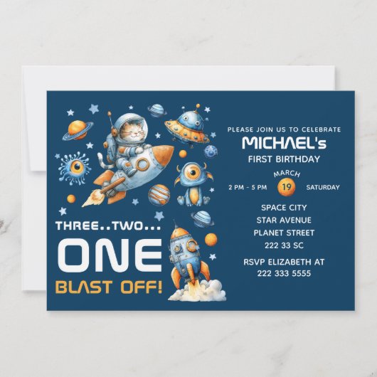 Cute Space Astronaut Cat Blast Off 1st Birthday 招待状 (正面)