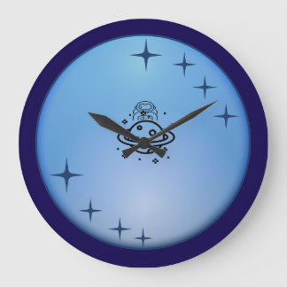 Cute Space Astronaut Wall Clock – Blue Galaxy Star ラージ壁時計