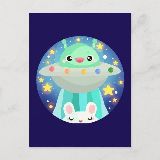 Cute Space Creature And Bunny Rabbit ポストカード (正面)