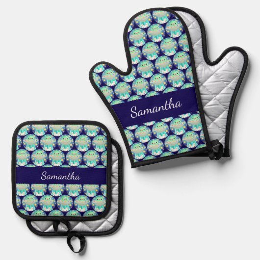 Cute Space Creature And Bunny Rabbit 鍋つかみ&鍋敷きセット (正面/裏面)