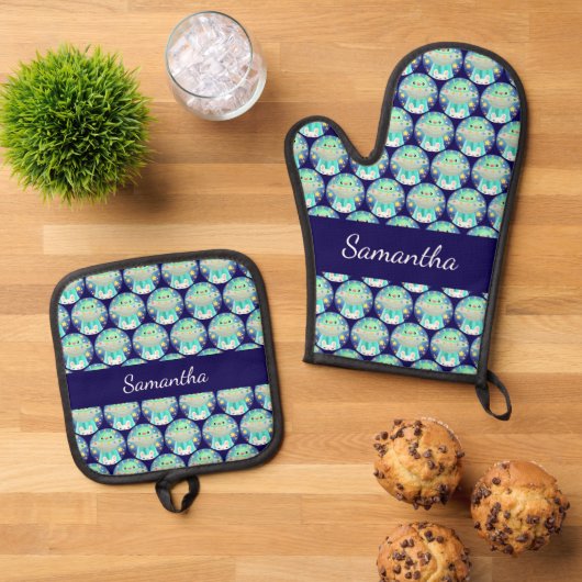 Cute Space Creature And Bunny Rabbit 鍋つかみ&鍋敷きセット (トップダウン)