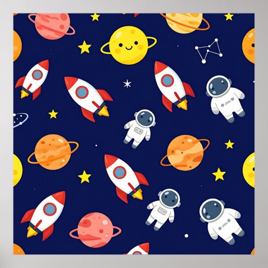 Cute Space Explorer Kids Pattern ポスター (正面)