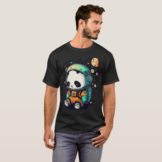 Cute Space Panda In Astronaut Space Suit Stars And Tシャツ (正面フル)