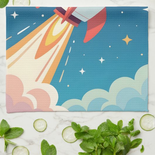 Cute space rocket blasting off キッチンタオル (折り畳み)