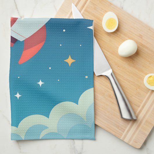 Cute space rocket blasting off キッチンタオル (四つ折り)