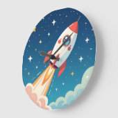 Cute space rocket blasting off ラージ壁時計 (傾斜)