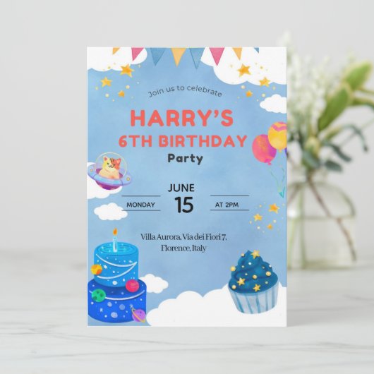 Cute Space Theme 6th Birthday Invitation for kids 招待状 (スタンド正面)