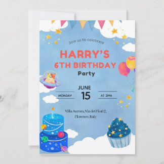 Cute Space Theme 6th Birthday Invitation for kids 招待状