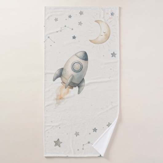 Cute Space Theme Bath Towels with Whimsical Rocket バスタオル (バスタオル)