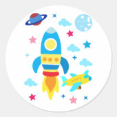 Cute Spacecraft Rocket Ships Pattern ラウンドシール (正面)