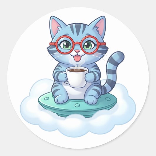 cute spaceship coffee cat stickers ラウンドシール (正面)