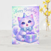 Cute Sparkle Kitten Happy Birthday Card - Magical カード (黄色い花)
