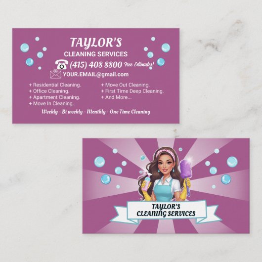 Cute Sparkly Maid House Cleaning Service 名刺 (正面/裏面)