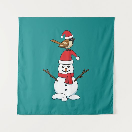 Cute Sparrow on Snowman タペストリー (正面)