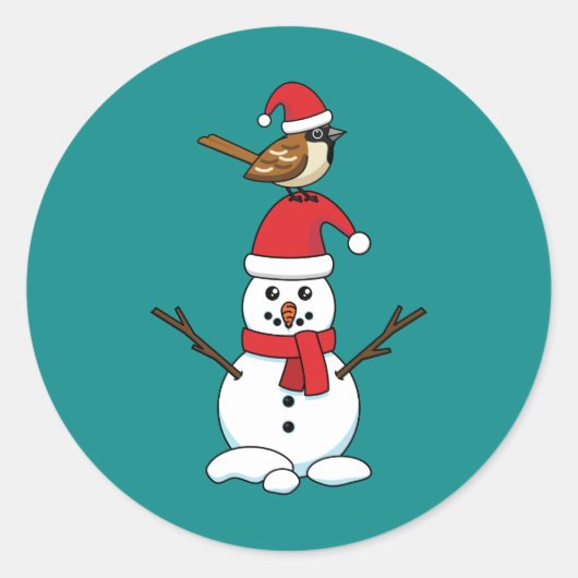 Cute Sparrow on Snowman ラウンドシール (正面)