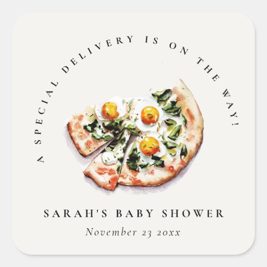 Cute Special Delivery Pizza Baby Shower Party スクエアシール (正面)