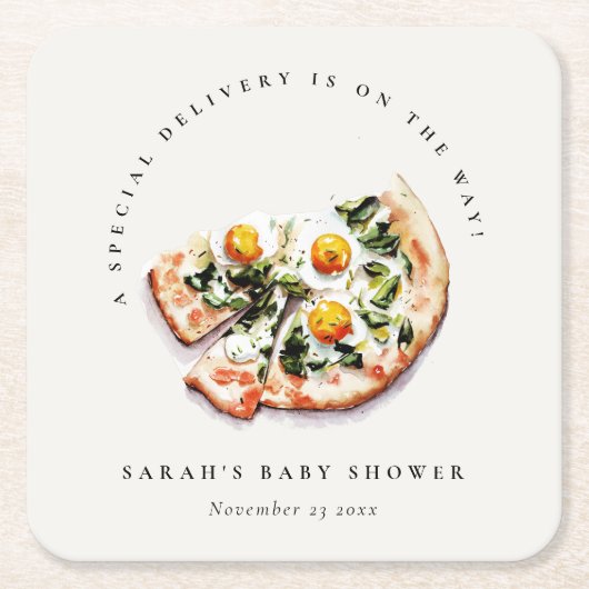 Cute Special Delivery Pizza Baby Shower Party スクエアペーパーコースター (正面)