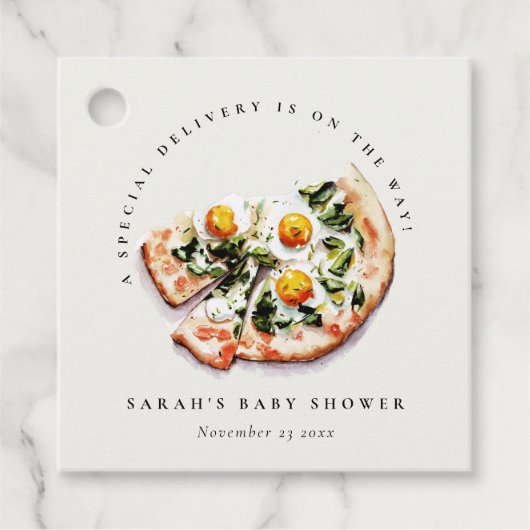Cute Special Delivery Pizza Baby Shower Party フェイバータグ (正面)