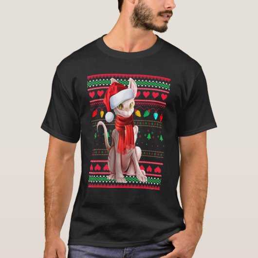 Cute Sphynx Cat Wearing Santa Hat Celebrate Christ Tシャツ (正面)
