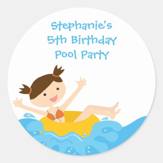 Cute splash girl's pool party birthday stickers ラウンドシール (正面)
