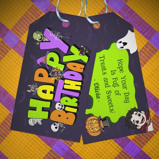 Cute Spooktacular Halloween Monster Happy Birthday ギフトタグ
